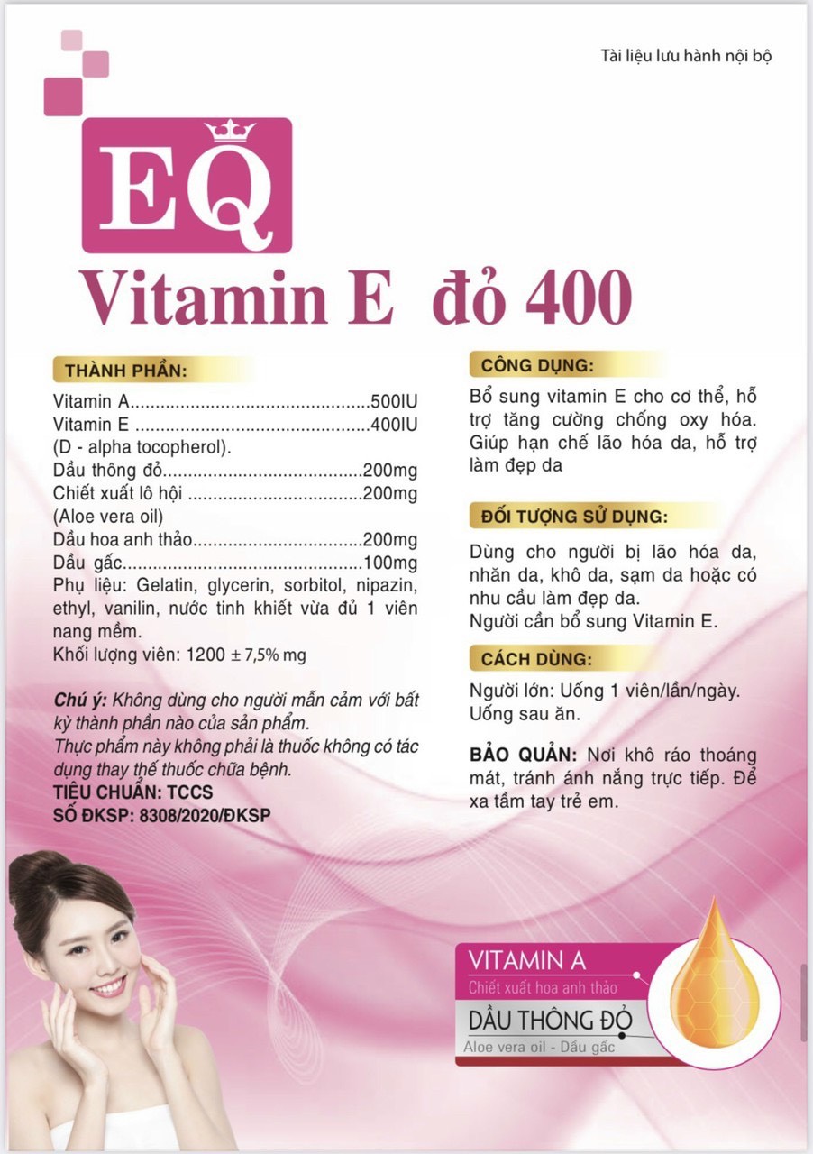 EQ Vitamin E đỏ 400. Bổ sung vitamin E cho cơ thể, hỗ trợ tăng cường chống oxy hóa. Giúp hạn chế lão hóa da, làm đẹp da.