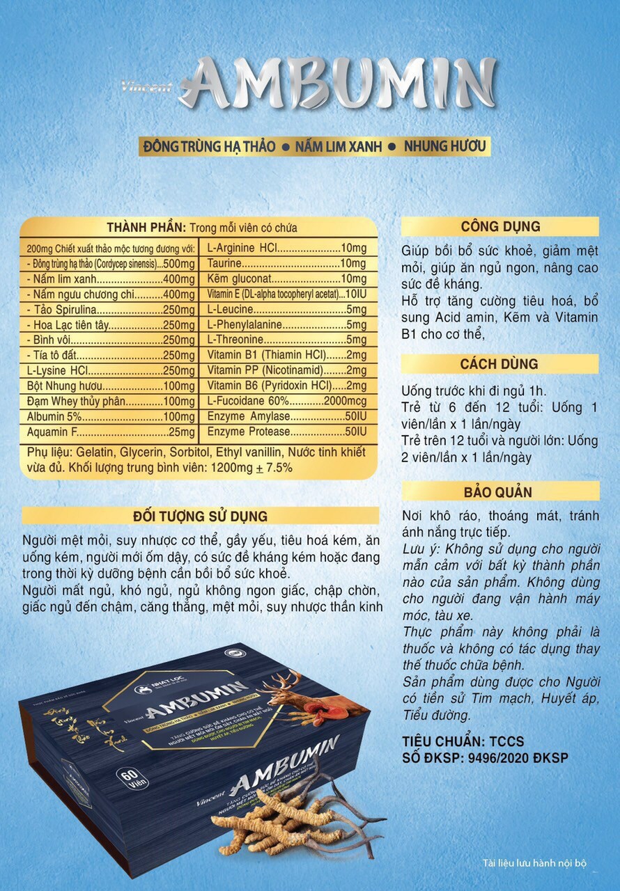 Vincent AMBUMIN ( hỗ trợ tăng cường đề kháng, bồi bổ sức khỏe, giúp ăn ngủ ngon)